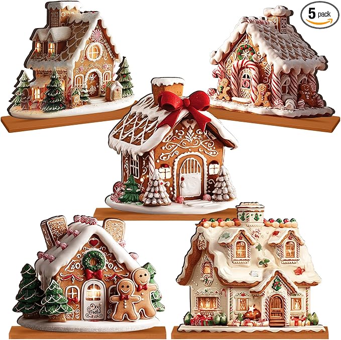 5 Pcs Gingerbread Christmas Table Decor Set, Mini Gingerbread Village Decorations For Holiday Tabletop, Mantel, Shelf And Home - Brown