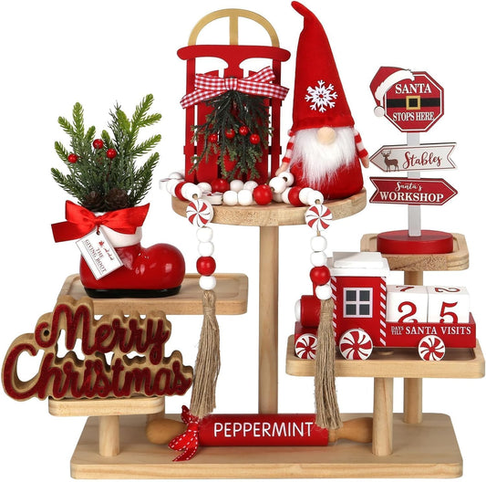 Christmas Decorations For Home & Office, 8 Piece Tiered Tray Decor Set, Festive Holiday Tabletop Ornaments For Desk, Shelf & Table - MULTI