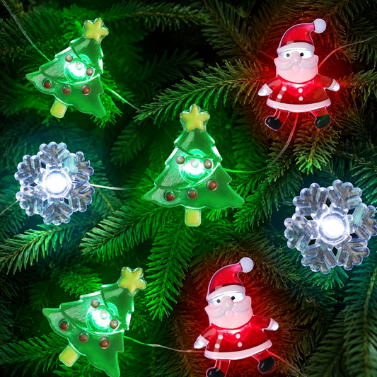 Christmas Lights Decorations, 10 FT 30 LED Battery Operated Christmas Tree Santa Snowflake String Lights, 2 Modes Waterproof Xmas Fairy - MULTICOLOR