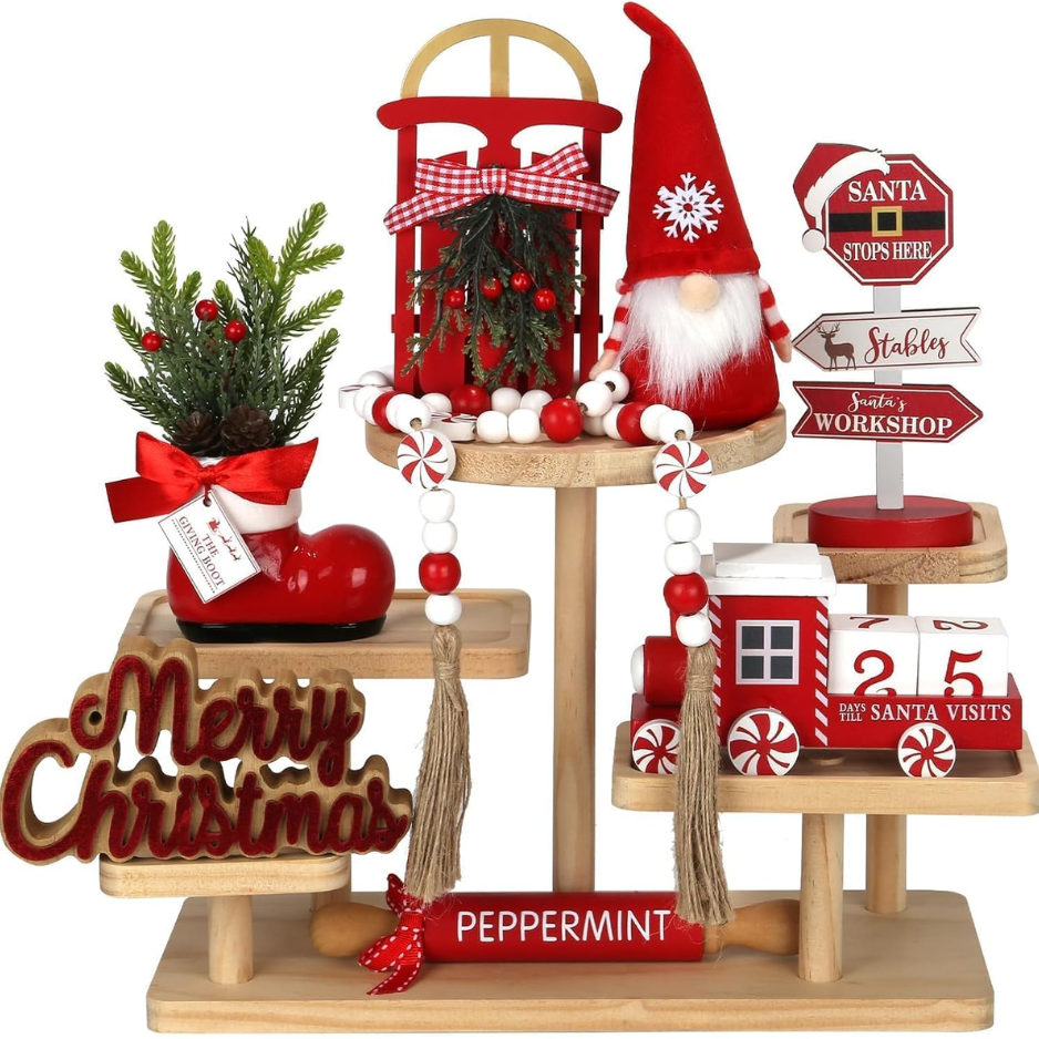 Christmas Decorations For Home Office 8 PCS Tiered Tray Decor Set - Christmas