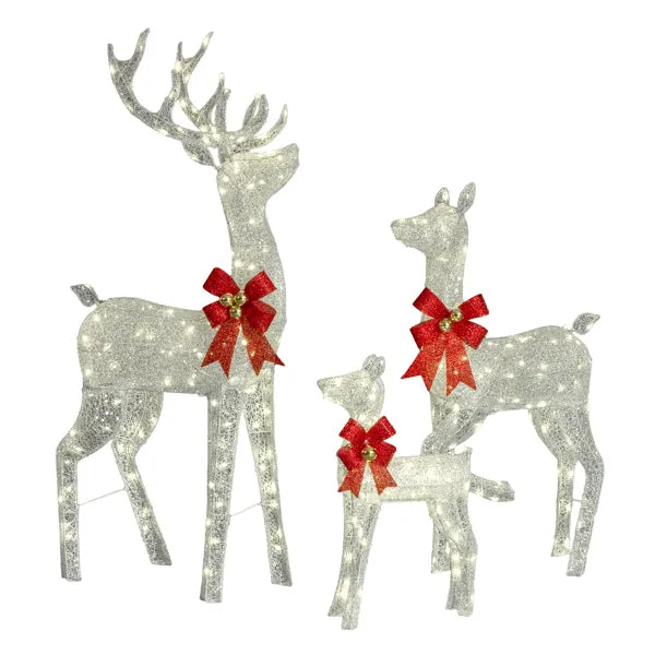 3-Piece Lighted Christmas Reindeer Family Set Outdoor Decorations, Weather Proof Sparkling Deer Family Set Of 3 Christmas Ornament Home Decor Pre-lit 290 LED Warm White Lights, 5FT, Silver - Default title