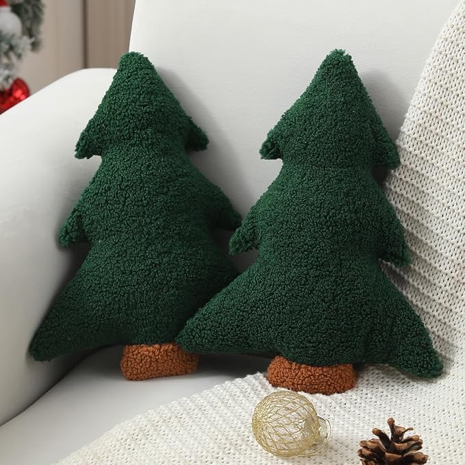2 Pcs Christmas Tree Plush Pillows, Cute Xmas Tree Shaped Cushions For Sofa, Bed, Home Decor, Holiday Party Decorations - Green Christmas