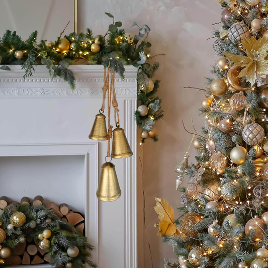 3PCS Christmas Brass Bells, Rustic Vintage Hanging Bells, Antique-Style Holiday Decorations For Door, Porch, Wreath & Mantel - GOLDEN