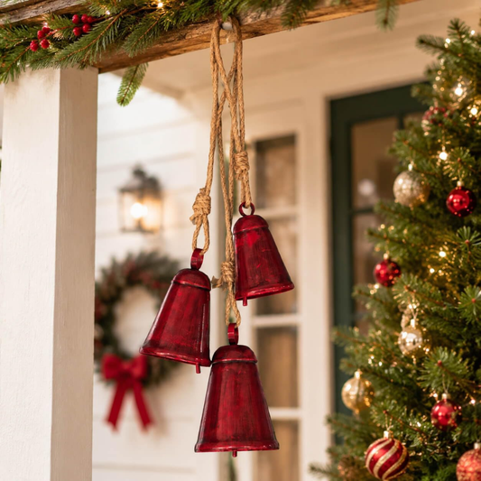 3PCS Red Christmas Bells, Rustic Vintage Hanging Bells, Antique-Style Holiday Decorations For Door, Porch, Wreath & Mantel - RED