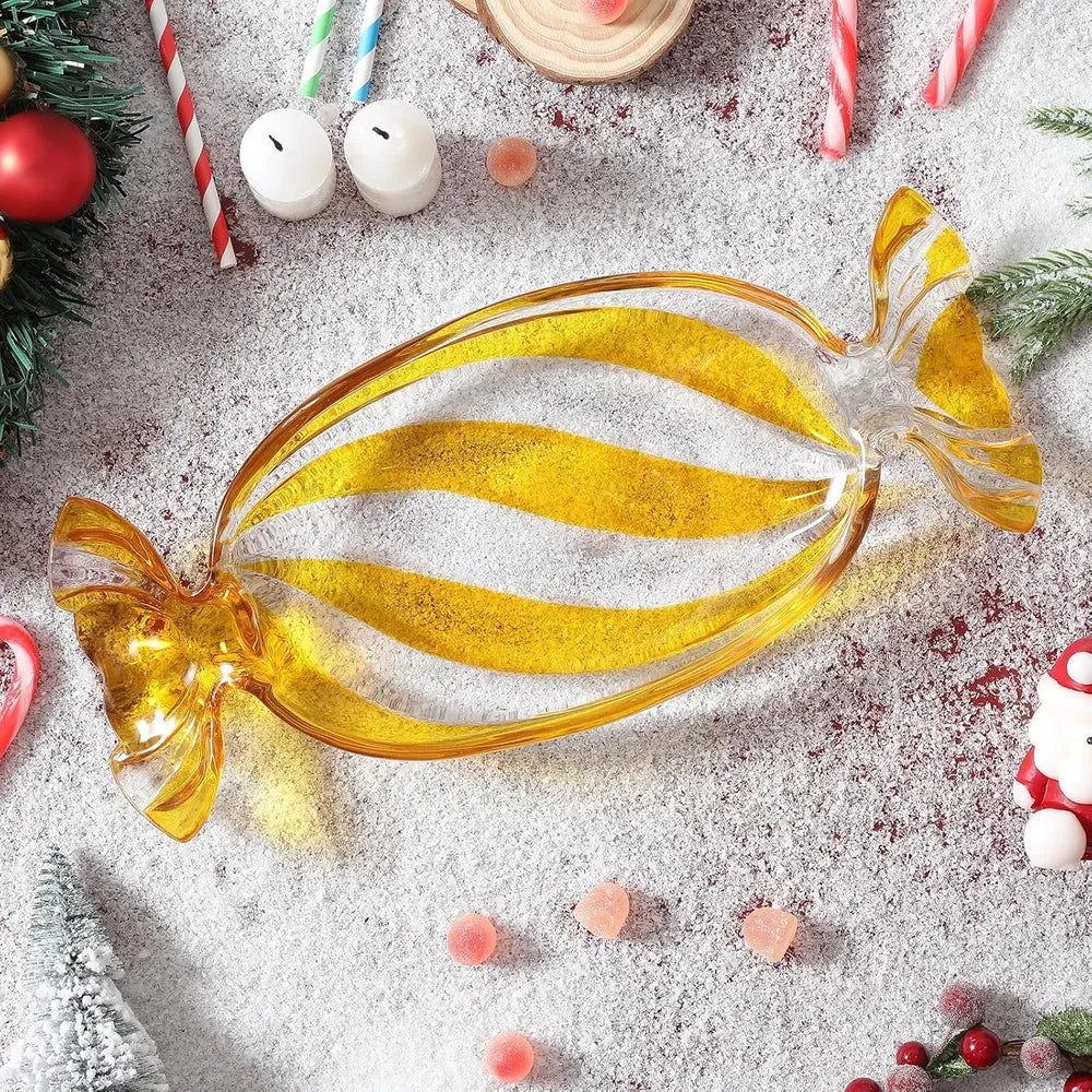 Christmas Candy Glass Plate, Christmas Theme Serving Tray for Holiday Desserts, Cookies & Candy Display, Festive Party Bowl, Red XMAS Decorations Small 9.2x4.3 Inch - Small red/Yellow