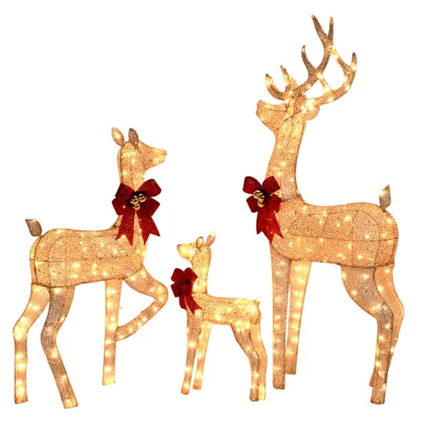 3-Piece Lighted Christmas Reindeer Family Set Outdoor Decorations, Weather Proof Sparkling Deer Family Set Of 3 Christmas Ornament Home Decor Pre-lit 290 LED Warm White Lights, 5FT, Golden - Default title