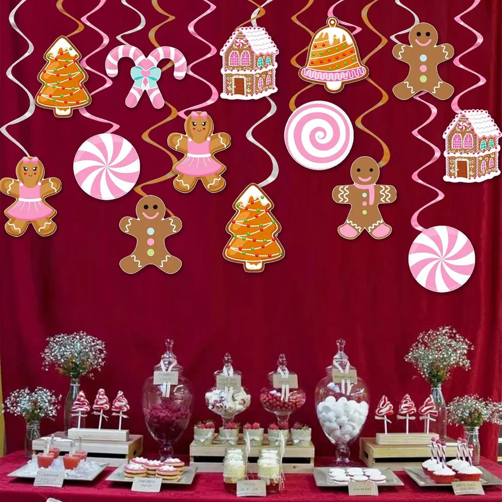 Christmas Gingerbread Man Party Hanging Swirl Decorations 20PCS Pink Merry Gingerbread House Christmas Tree Ceiling Decor Xmas Candy Hanging Streamers for Girls Winter Holiday Party Supplies - Pink
