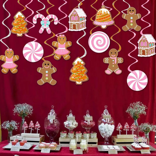 Christmas Gingerbread Man Party Hanging Swirl Decorations 20PCS Pink Merry Gingerbread House Christmas Tree Ceiling Decor Xmas Candy Hanging Streamers for Girls Winter Holiday Party Supplies - Pink