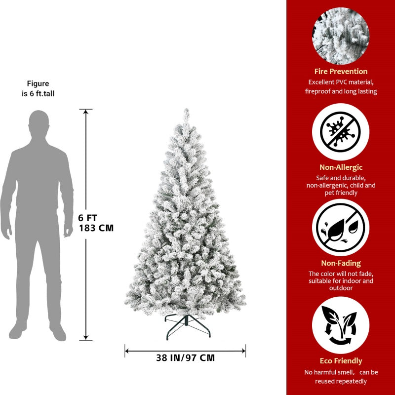Unlit Artificial Christmas Tree Snow Flocked Fake Christmas Tree With Foldable Base - 6ft